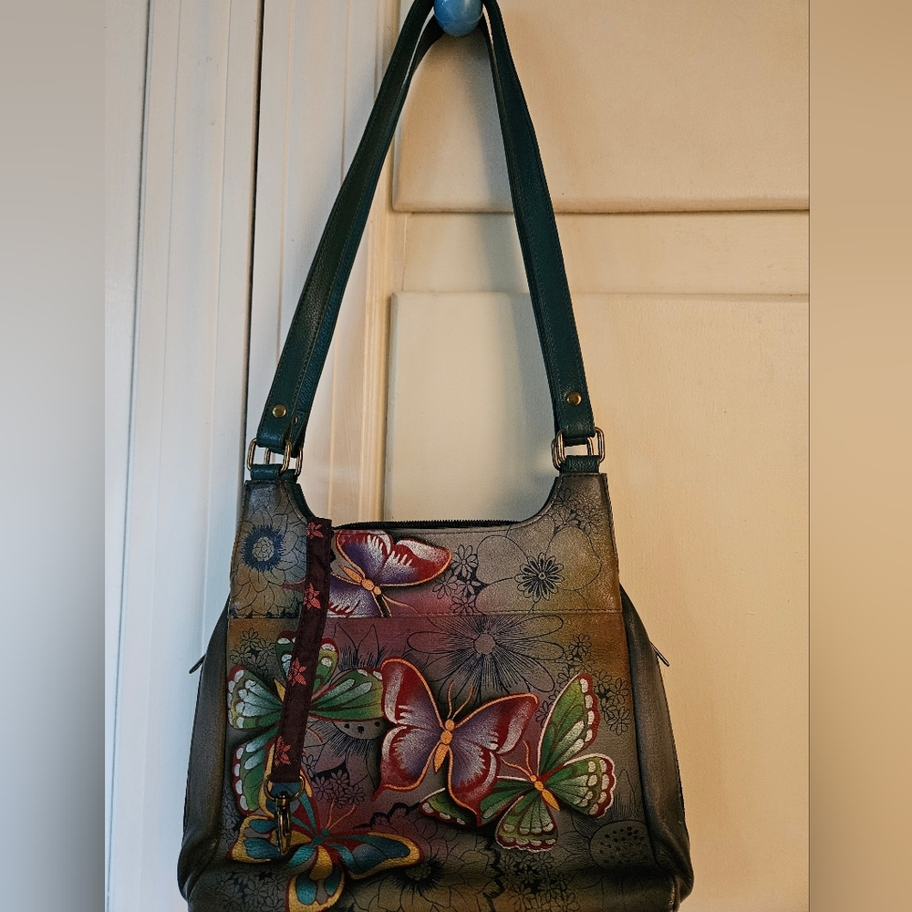 Anuschka Hand-Painted Leather Triple-Compartment Purse Butterfly Paradise